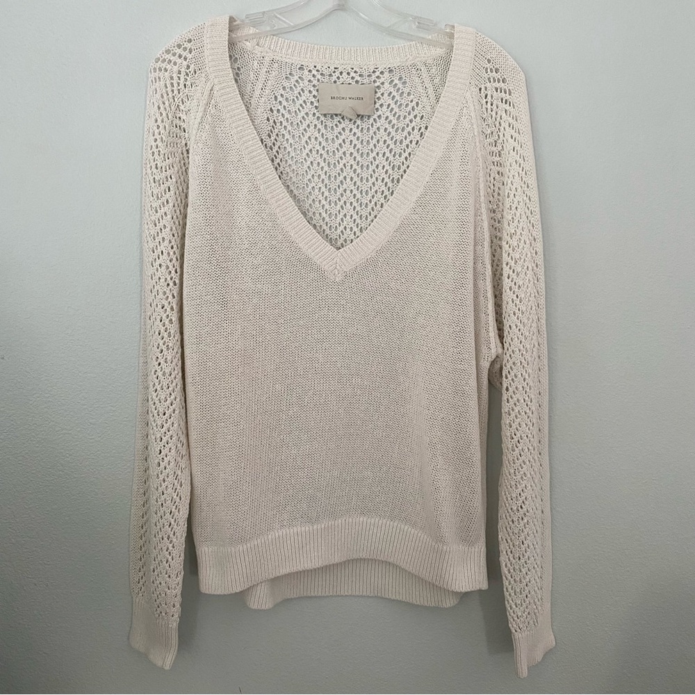 Brochu Walker Ami Pointelle Lace V-Neck Sweater White size S